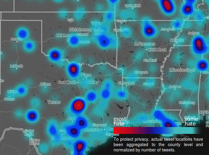 Map of racist tweets, zoomed in to the southern plains. Created by  Dr. Monica Stephens of Humboldt State University (HSU). See the whole map here: http://users.humboldt.edu/mstephens/hate/hate_map.html#
